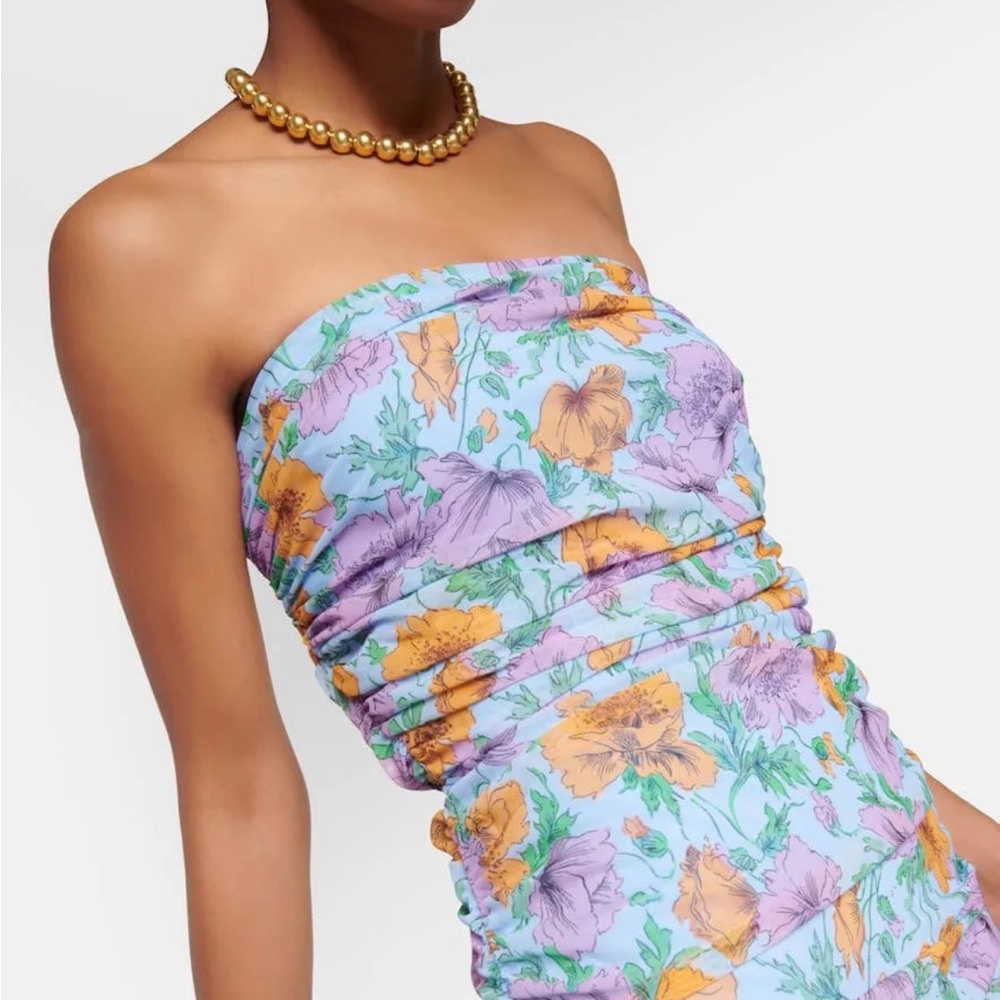 Veronica Beard Strapless Dress in Light Blue with Orange and Purple Floral